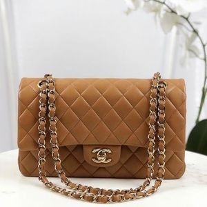Chanel Double Flap Quilted Lambskin Camel Brown GH